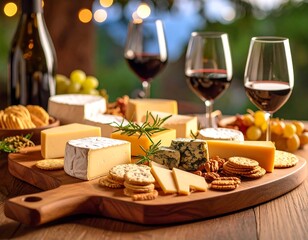 Gourmet cheese and wine platter outdoors