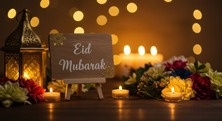Naklejka premium Eid Mubarak still life with lantern candles and flowers