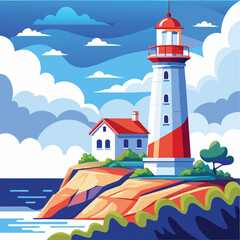 Illustrated Lighthouse with Red Roof House on Rocky Coast Under Cloudy Blue Sky