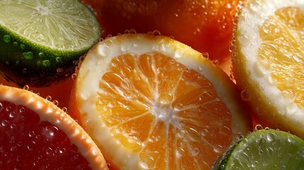Sliced citrus fruits show juice texture colors and water droplets. AI generated