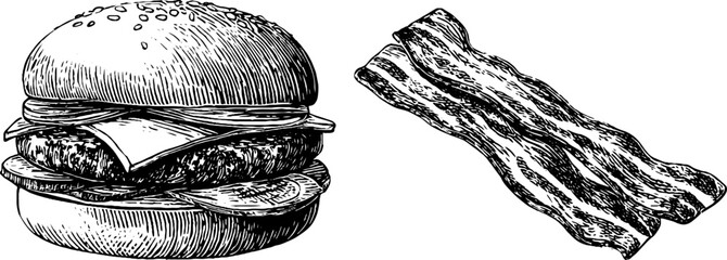 Engraved cheeseburger and bacon set - vintage illustration for culinary designs