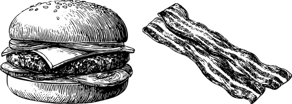 Engraved cheeseburger and bacon set - vintage illustration for culinary designs