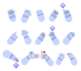 Cute cartoon robot hand collection on white. Artificial intelligence element set