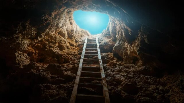 Wooden ladder leads up from dark rocky cave toward bright blue sky and sunlight, natural opening offers hope and escape in dramatic rock and sky contrast