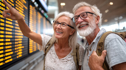 Happy senior couple looking at flight information board at the airport. They are traveling together.