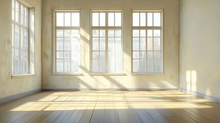 Fototapeta premium Sunlit Empty Room with Large Windows and Wooden Floor Ideal for Interior Design Projects