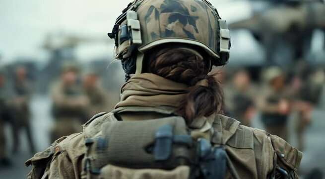 Close-up of a determined female soldier wearing combat gear at a military base, portraying strength, focus, and readiness for duty