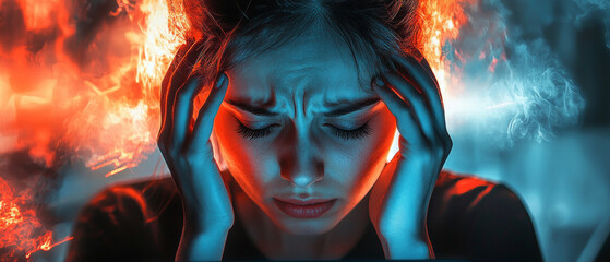 Fototapeta premium Woman with headache amid fire and smoke. Useful for articles on health and stress.