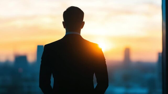 Silhouette of man in suit looking out over cityscape and skyline during vibrant sunset, evoking contemplation, ambition, and professional business reflection.