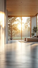 Obraz premium Bright room with high windows and modern furniture. Used in articles about interior design, architecture and home comfort.