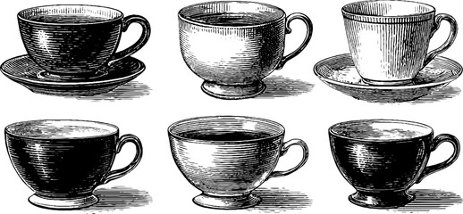 Vintage coffee cup engravings set for retro design and decor themes