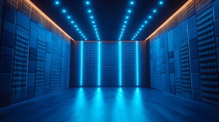 Modern recording studio interior design with blue neon lights and acoustic panels on walls