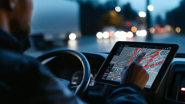 A logistics coordinator using a tablet inside the cab of a truck, optimizing delivery routes as the map on the screen highlights red traffic zones and alternate paths to avoid dela