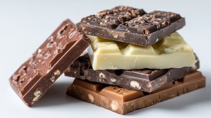 Stack of chocolate bars showing variety of dark milk white. AI generated.