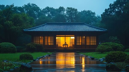 Obraz premium Serene Japanese House Illuminated at Night during Gentle Rain Tranquil Asian Architecture and Landscape