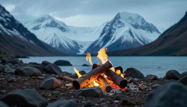 a glowing campfire burns on a rocky riverbank near a frozen alpine lake, surrounded by snow-covered peaks and tranquil wilderness