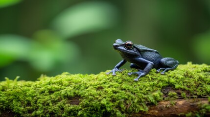 Obraz premium Green Frog Resting on Mossy Log in Lush Forest Setting with Blurred Green Background