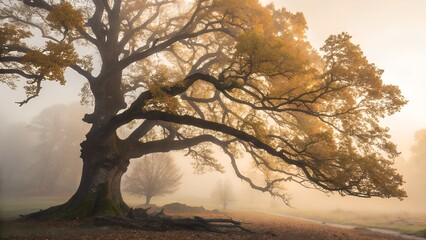 Fototapeta premium Majestic Oak Embraces the Mist: A sprawling ancient oak tree, its branches embracing the misty atmosphere of the early morning, evokes a sense of timelessness and natural beauty.