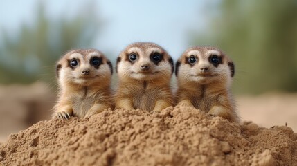 Fototapeta premium Three Adorable Meerkats Sitting Together on a Sandy Hill in a Natural Habitat