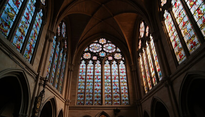 Architectural marvel showcases ornate stained glass windows in a cathedral's grand interior space.