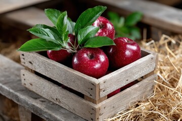 A rustic wooden crate filled with glistening red apples, symbolizing nature’s bounty and the sweet taste of harvest, inviting you to savor their crisp flavor and freshness.