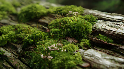 Close up of vibrant green moss and delicate flowers thriving on weathered bark in a serene forest setting