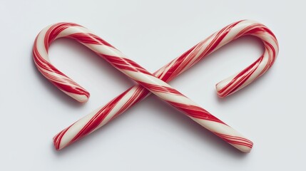 Two red and white candy canes crossed isolated on white background.