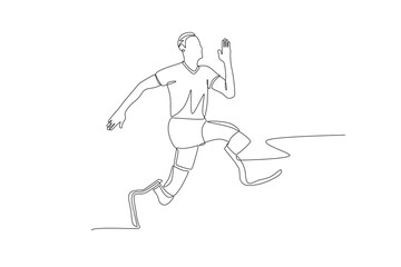 Man uses prosthetic leg for sports. Assistive technology concept one-line drawing