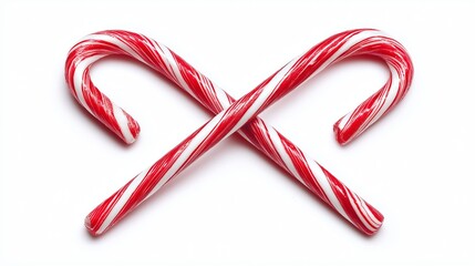 Two red and white candy canes crossed isolated on white background.