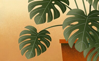 Summer background with monstera leaves. Grunge textured and overlay effect. Tropical leaves background. Flat stylized illustration for banner, wallpaper, backdrop, advertising, poster, cover