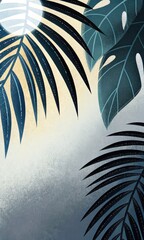 Summer background with palm leaves. Grunge textured and overlay effect. Tropical leaves background. Flat stylized illustration for banner, wallpaper, backdrop, advertising, poster, cover