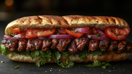 Grilled Meat Kebab Sandwich with Tomatoes and Red Onion on a Dark Background