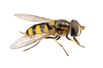Close-up Photography of a Hoverfly Insect with Yellow and Black Stripes on White Background
