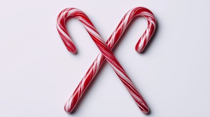 Two red and white candy canes crossed isolated on white background.