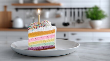 Slice of rainbow cake with a lit candle on top. The cake is on a white plate and is placed on a counter