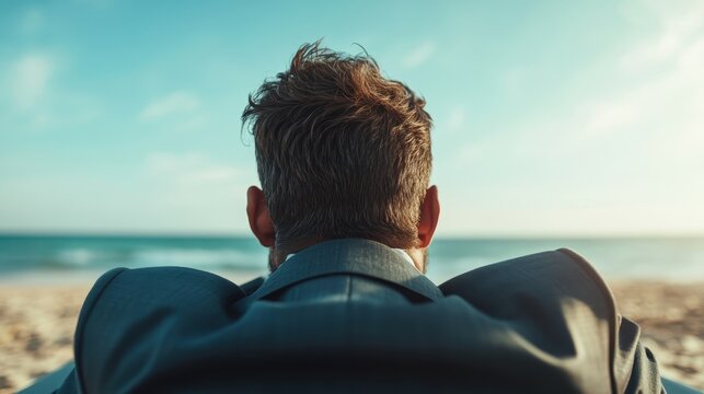 A businessman in a suit gazes out at the endless ocean waves, reflecting deep thoughts while enjoying the peaceful beach environment during a serene sunset moment.