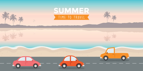 cars driving on the road at the beach vector illustration