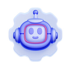Obraz premium 3D icon of smiling chatbot inside gear shape, for chatbot configuration, AI assistant control, automation system, and smart customer support.