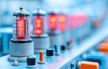 Synth control interface with glowing tubes evokes vintage analog music technology