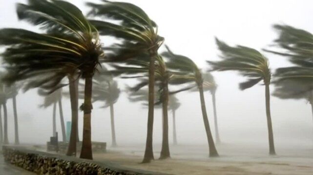Palm trees bending in hurricane force winds. Dramatic storm scene with wind-swept palms. Coastal storm with palm trees and stone wall.