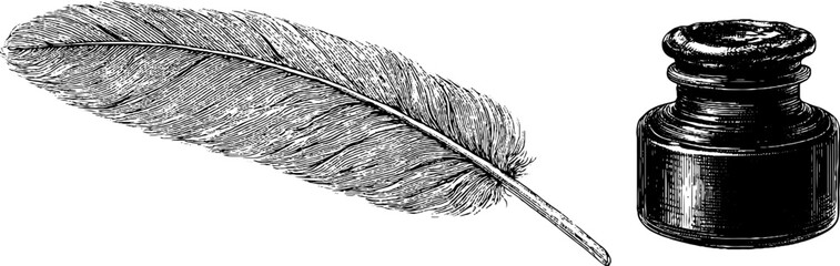Vintage engraved feather and ink bottle illustration for historical design concepts