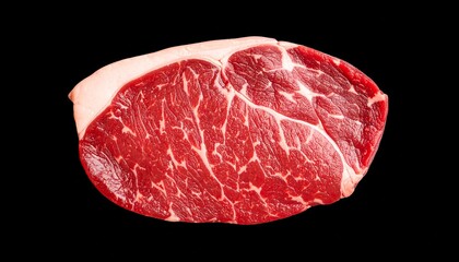 Top view of raw beef steak on an isolated black background, showcasing its marbling and rich red color. Perfect for culinary themes, butcher ads, restaurant menus, or food preparation visuals.