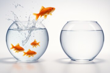 Goldfish jumping from one fishbowl to another with splash effect on light background symbolizing freedom and change. Ai generative.
