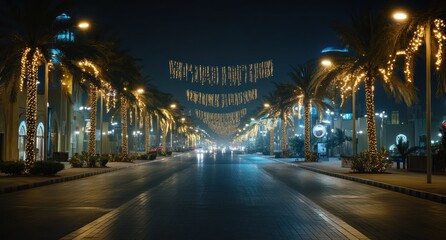 A night street lined with palm trees, illuminated with string lights, and a blurred car passage