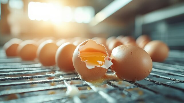 A collection of brown eggs scattered on a metal grate, with one cracked egg spilling golden yolk, capturing the essence of freshness and culinary potential.