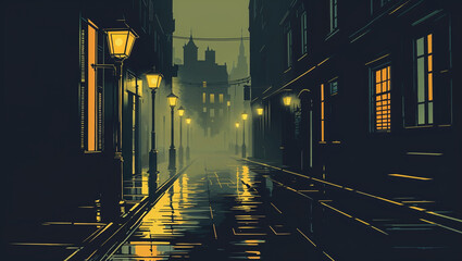 Comic book city background at night, foggy dark alley with street lamps, silhouette buildings, long shadows, detective noir atmosphere, retro halftone style, cartoon pop-art mood.