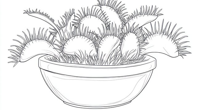 Black and white drawing of Venus flytrap in a pot
