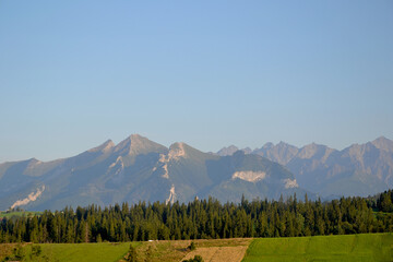 Panorama of the Tatra Mountains seen from the Jurgow, Poland. Summer time