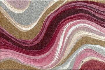 Abstract textured artwork featuring flowing waves of pink, red, gray, and gold colors, creating a visually striking composition with rich layers and depth for artistic expression