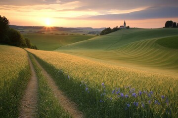 Obraz premium Scenic Sunrise Over Rolling Fields and Church